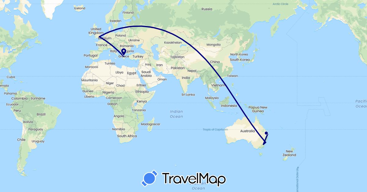 TravelMap itinerary: driving in Australia, United Kingdom, Greece (Europe, Oceania)